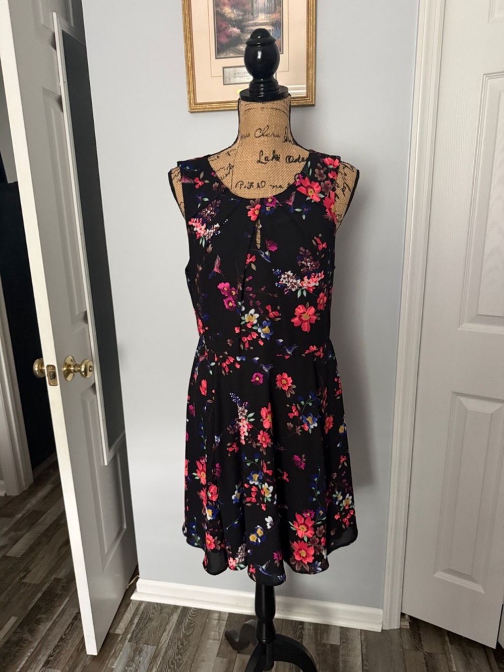 Express Black Sleeveless Mini Dress with Pink & Red Floral Print